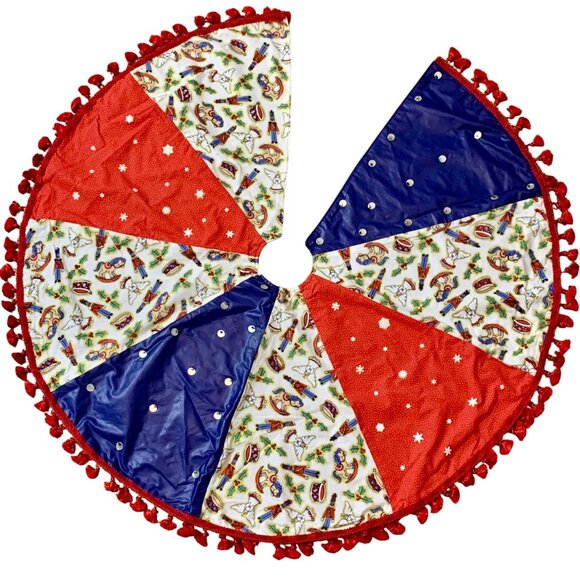 Handmade Xmas Tree Skirt Nutcracker Snowflakes Angels Beaded Quilted PomPom Trim